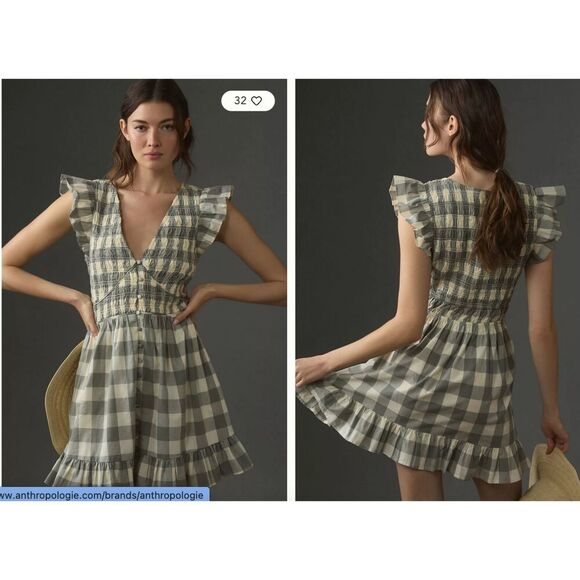 Anthropologie Peregrine Mini Dress Med Smocked Flounce Ruffle Grey Plaid cottage - Picture 5 of 15